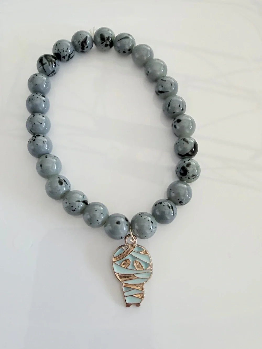 Mummy Charm Halloween Bracelet Gray Speckled Beaded Handmade Jewelry